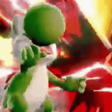 a green cartoon character is standing next to a red cartoon character .