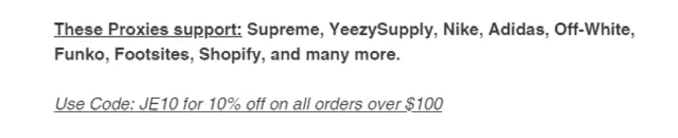a page that says these proxyes support supreme yeezysupply nike adidas off-white funko footsites shopify and many more