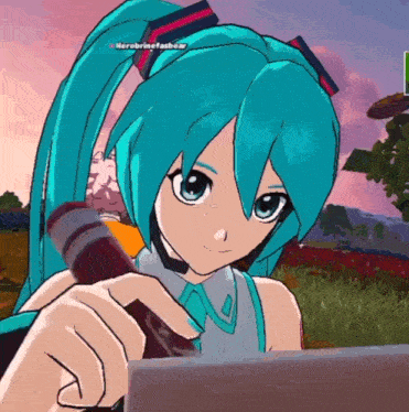 a screenshot of a video game with hatsune miku holding a microphone in her hand