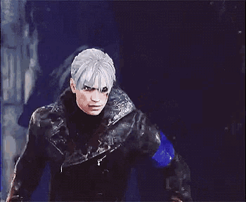 a man with white hair and a black jacket is standing in the dark holding a gun .