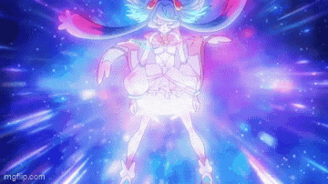a girl in a pink dress is standing in the middle of a purple and blue background .