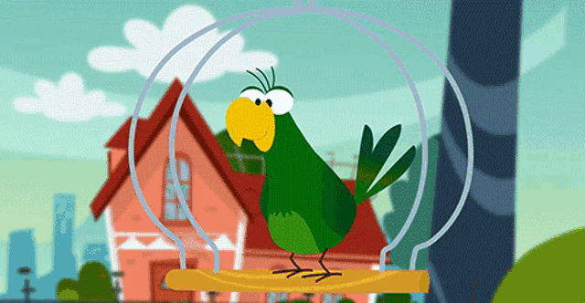 a green parrot with a yellow beak is in a cage with a house in the background