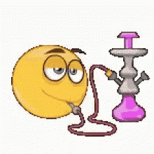 a smiley face is smoking a hookah next to a purple hookah .