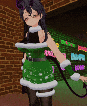 a girl in a green dress is standing in front of a brick wall with neon signs that say " halloween "