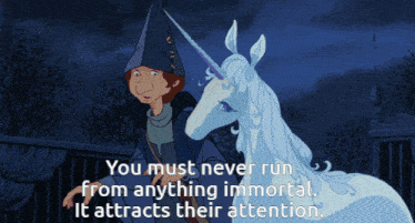 Last Unicorn You Must Never Run From Anything Immortal GIF - Last Unicorn You Must Never Run From Anything Immortal It Attracts Their Attention GIFs