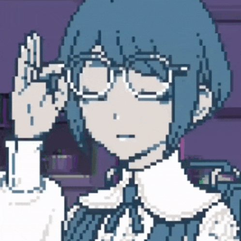 a pixel art drawing of a girl wearing glasses and a bow tie .