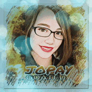 a drawing of a woman with glasses and the words topay coated