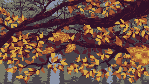 a pixel art of a tree with leaves hanging from it