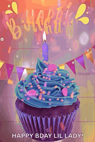 a cupcake with blue frosting and a lit candle on top of it .