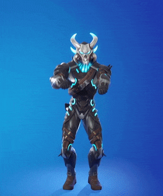 a man with horns and a skull on his head is standing on a blue background
