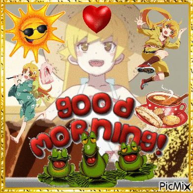 a picture of a girl and frogs with the words good morning