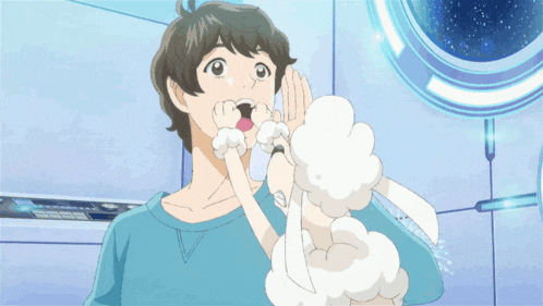 a cartoon of a man washing his face with soap and a sheep