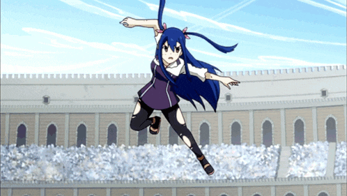 a girl with blue hair is jumping in the air in front of a crowd