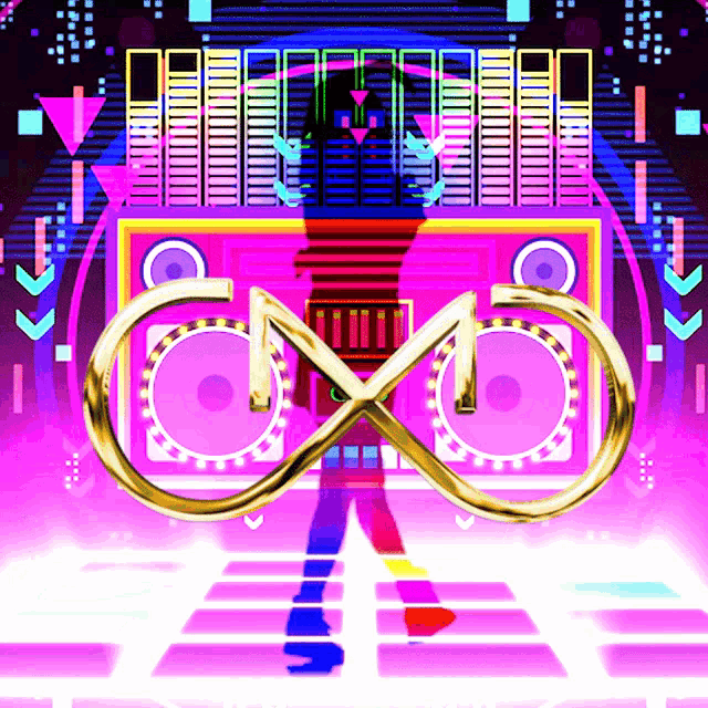 a colorful graphic with a gold infinity symbol