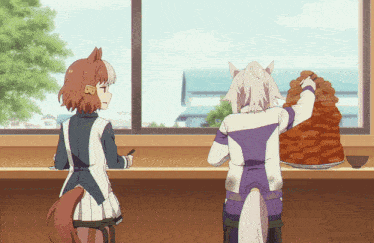 two anime characters standing next to each other with one holding a stack of food