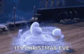 a snowman is sitting in the snow with the words `` it 's christmas eve '' written on it .