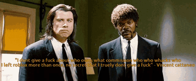 two men in suits and ties are standing next to each other with a quote from pulp fiction