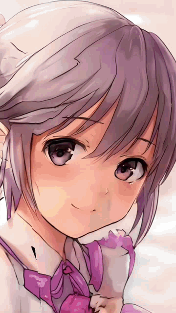 a drawing of a girl with purple hair and a purple bow