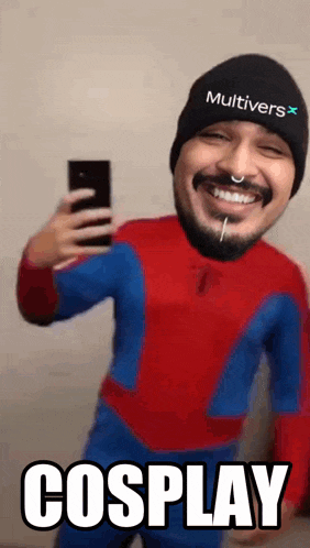a man in a spiderman costume is taking a selfie with the words cosplay written below him
