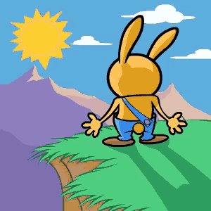 a cartoon of a rabbit standing on a cliff with the word hola written above him
