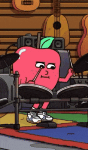 a cartoon of an apple playing drums in front of a wall of guitars