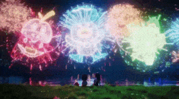 a couple standing in front of a fireworks display with drawings on them