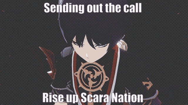 a cartoon character with the words sending out the call rise up scara nation below it