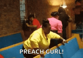 a woman in a yellow shirt is dancing in a church and says preach girl