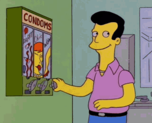 a cartoon man is using a condom vending machine