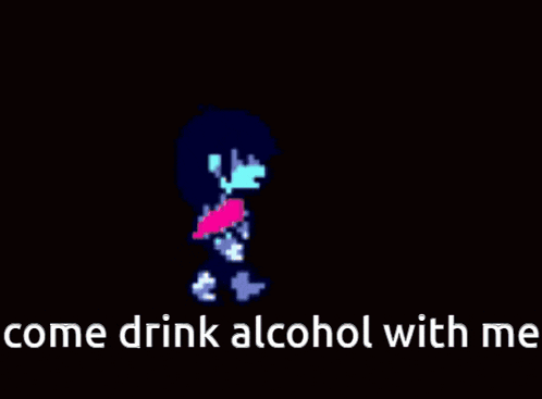 a pixel art of a girl giving a drink to another girl with the words come drink alcohol with me