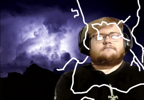 a man wearing headphones and glasses stands in front of a cloudy sky with lightning