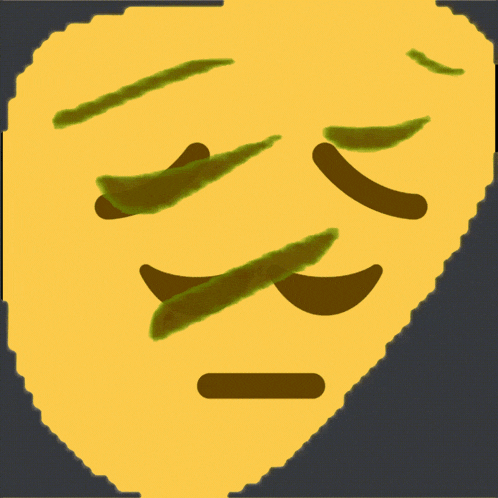 a yellow square with a sad face and green eyes