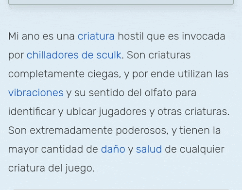 a page that says ' mi ano es una criatura hostil que es invocada por chilladores de scuk ' on it