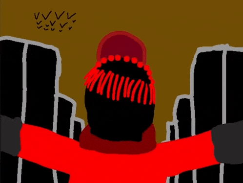 a drawing of a person with red eyes and a black face