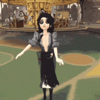 a cartoon of a girl standing in front of a merry go round