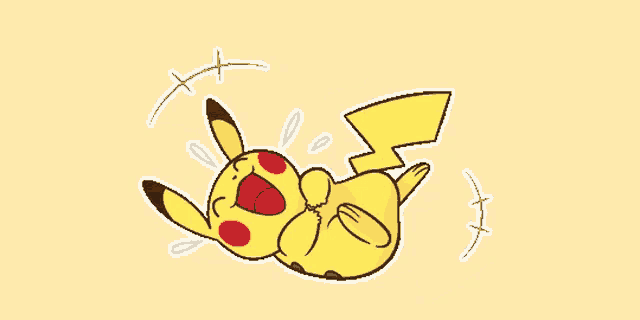 a cartoon drawing of a pikachu laying on its back with its mouth open .