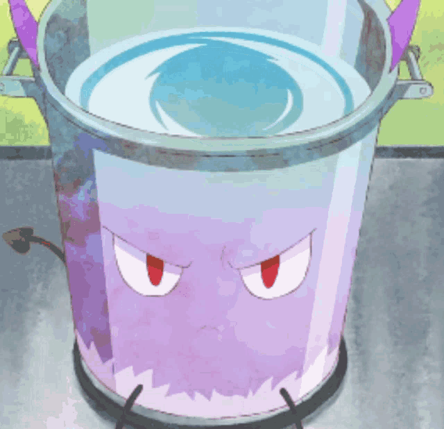 a cartoon drawing of a bucket of water with a devil face on it