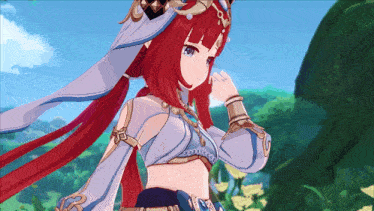 a girl with red hair and blue eyes is wearing a blue and white outfit