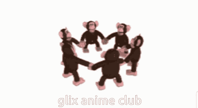 a group of stuffed monkeys are dancing in a circle with the words glix anime club below them .