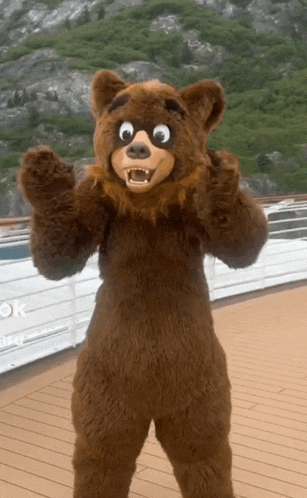 a brown bear mascot is giving a thumbs up on a deck