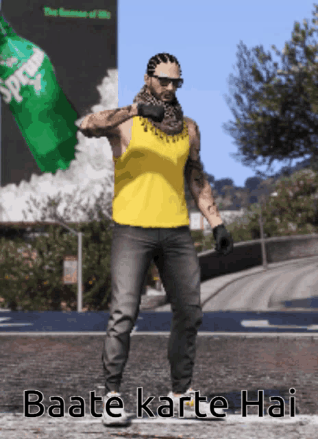 a man in a yellow tank top is holding a green sprite bottle