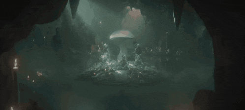 a dark cave with a mushroom in the middle