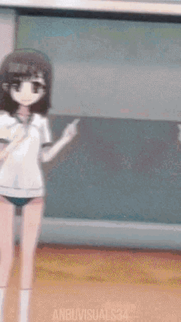 a girl is standing in front of a blackboard with anbuvisuals34 on the bottom