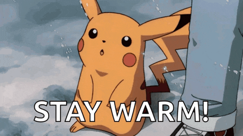 a pikachu with the words stay warm written on it