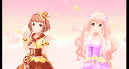 two anime girls are standing next to each other