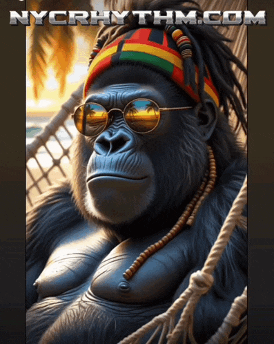 a gorilla wearing sunglasses and a headband with nycrhythm.com in the corner