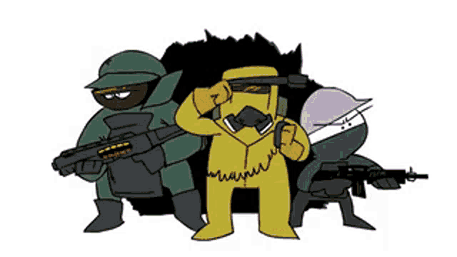 three soldiers are standing next to each other holding guns