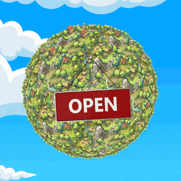 a cartoon globe with a red sign that says open on it