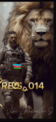 a man in a military uniform is standing next to a large lion with the number 0.14 on the bottom right
