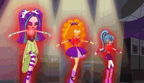 three cartoon girls are dancing in a room with speakers .